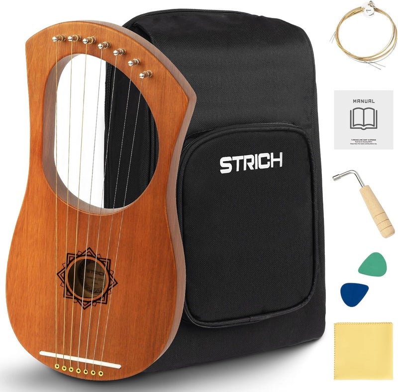 STRICH Lyre Harp, 7 Strings, Mahogany, Bone Saddle Lyre Harp Set with Spare Metal Strings, Tuning Wrench, Black Custom Gig Bag and Manual - Image 1